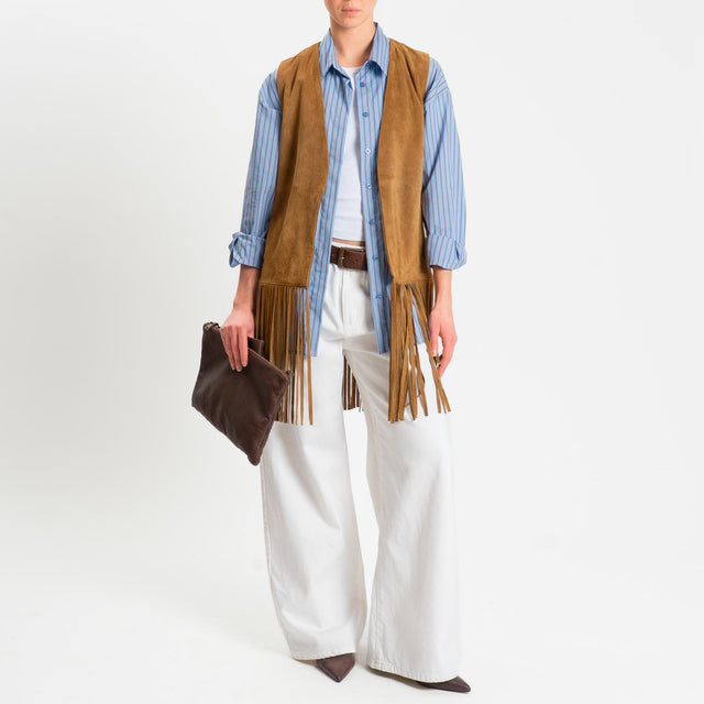 Dixie- Gilet genuine leather scamociato con frange - cognac