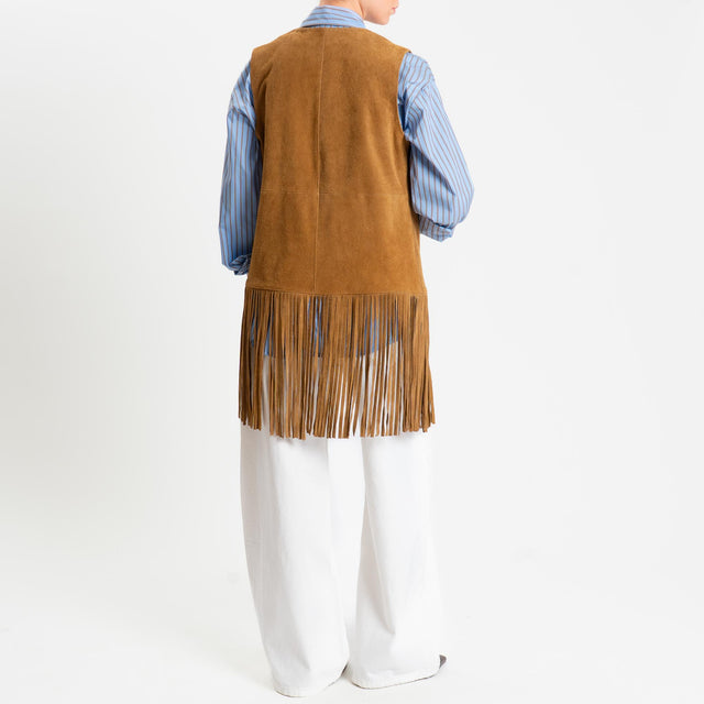 Dixie- Gilet genuine leather scamociato con frange - cognac
