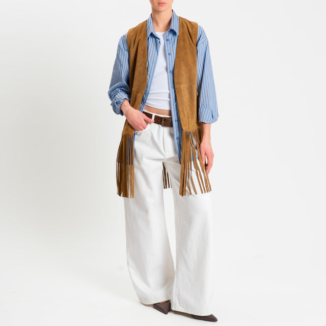 Dixie- Gilet genuine leather scamociato con frange - cognac