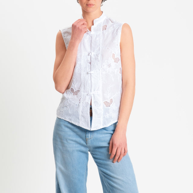 Dixie-Camicia mandarin smanicata con ricami - bianco