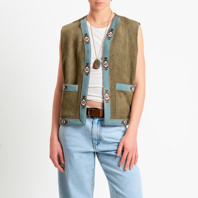 Dixie-Gilet effetto suede con ricami - militare