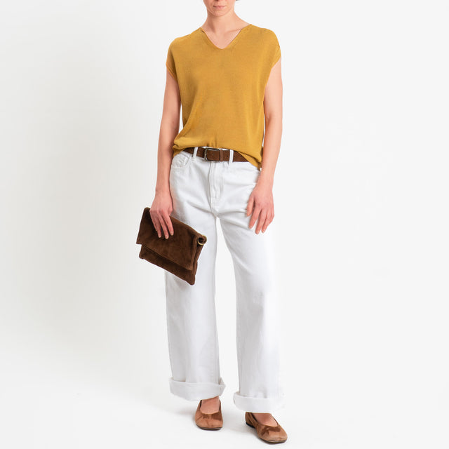 Dixie-Maglia smanicata scollo v - Senape