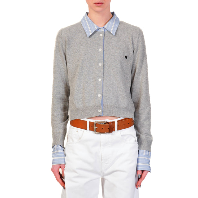 Dixie-Cardigan doppio tessuto collo camicia - grigio/celeste/bianco