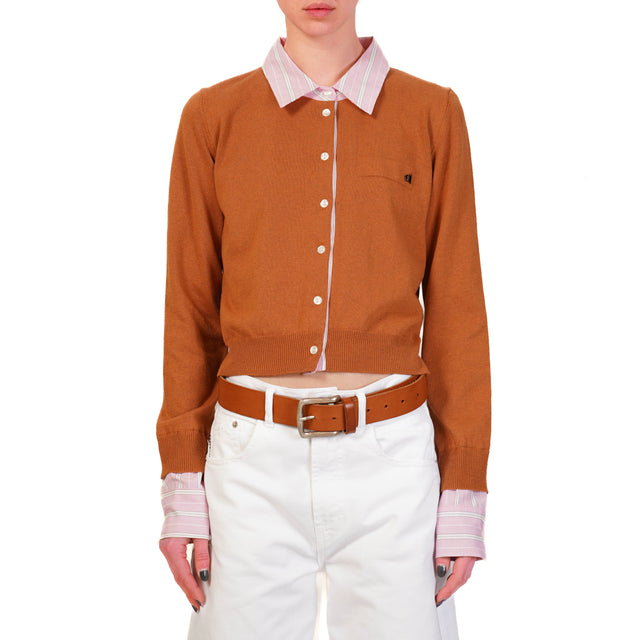 Dixie-Cardigan doppio tessuto collo camicia - biscotto/rosa/bianco