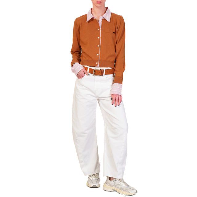 Dixie-Cardigan doppio tessuto collo camicia - biscotto/rosa/bianco