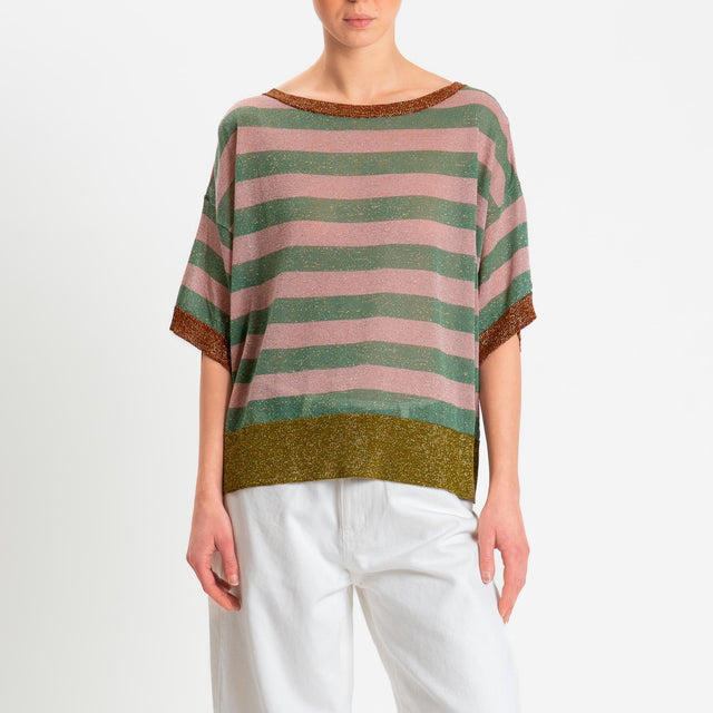 Dixie- Maglia mezza manica in lurex a righe - acqua/rosa/bronzo