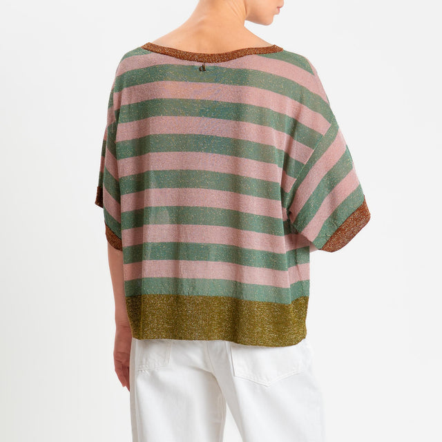 Dixie- Maglia mezza manica in lurex a righe - acqua/rosa/bronzo