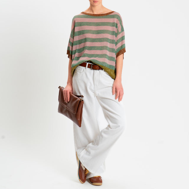 Dixie- Maglia mezza manica in lurex a righe - acqua/rosa/bronzo