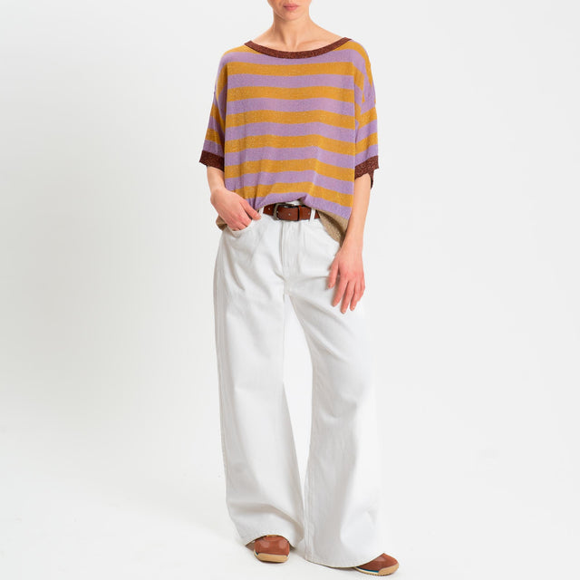 Dixie- Maglia mezza manica in lurex a righe - lilla/ocra/bronzo