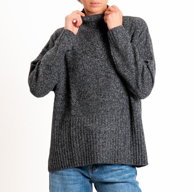 Dixie-Maglia 100% LANA collo montato spacchi laterali - grigio/nero