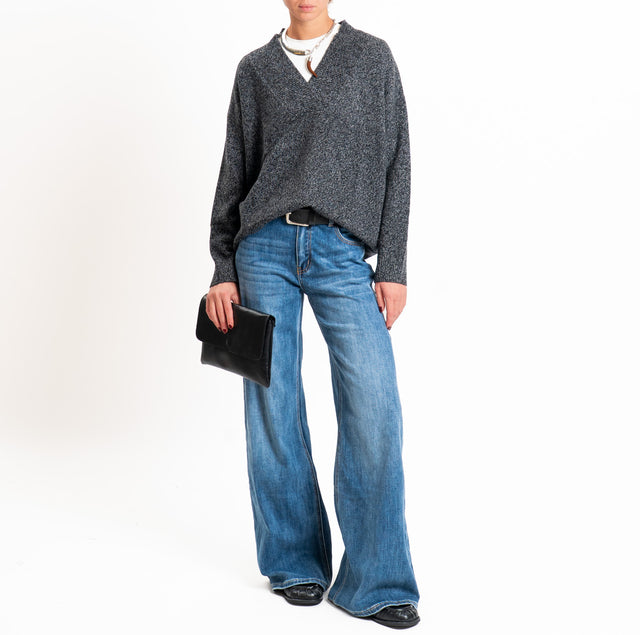 Dixie-Maglia 100% LANA scollo a v - grigio/nero