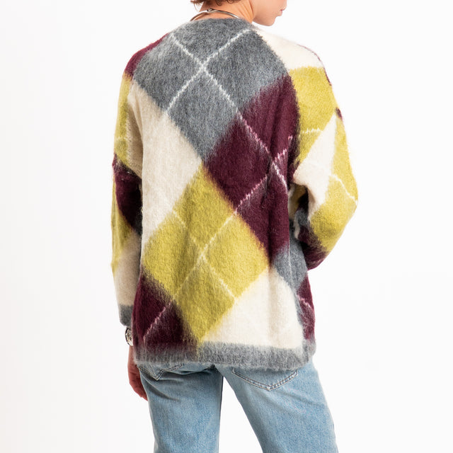 Dixie-Cardigan mohair a rombi - olio/vino/grigio