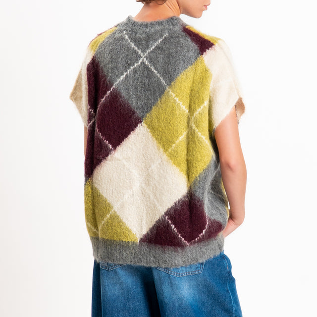 Dixie-Gilet mohair rombi - olio/vino/grigio