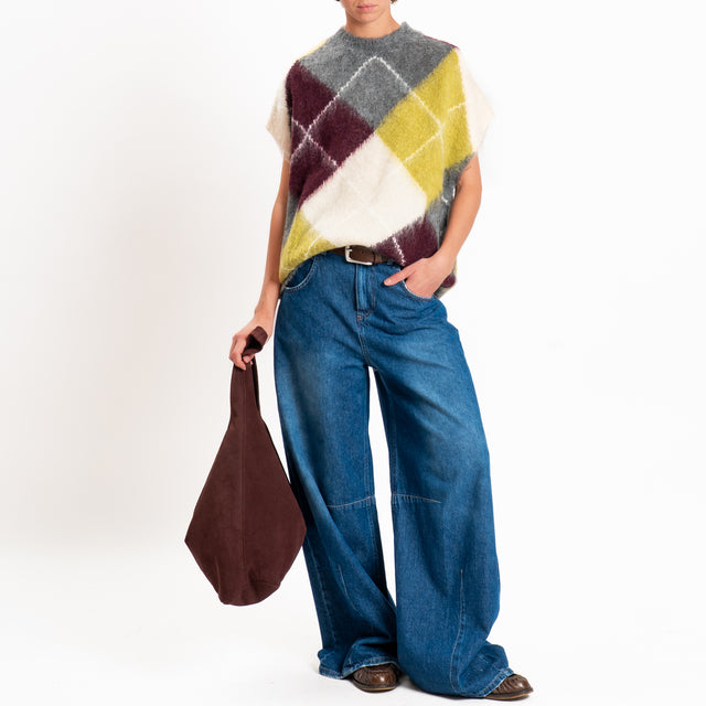 Dixie-Gilet mohair rombi - olio/vino/grigio