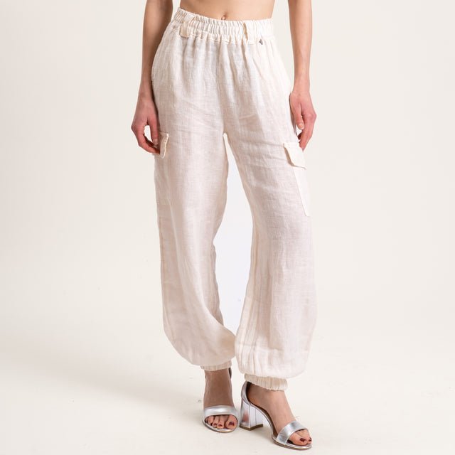 Dixie-Pantalone cargo in lino elastico in vita - burro