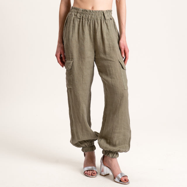 Dixie-Pantalone cargo in lino elastico in vita - militare