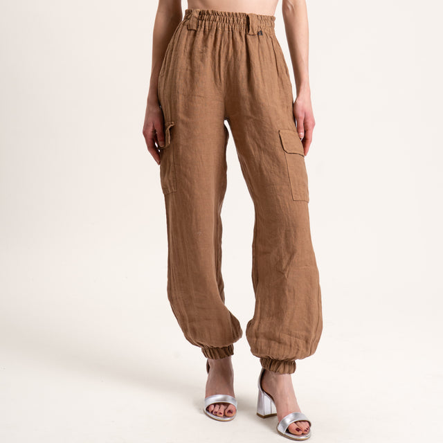 Dixie-Pantalone cargo in lino elastico in vita - tabacco