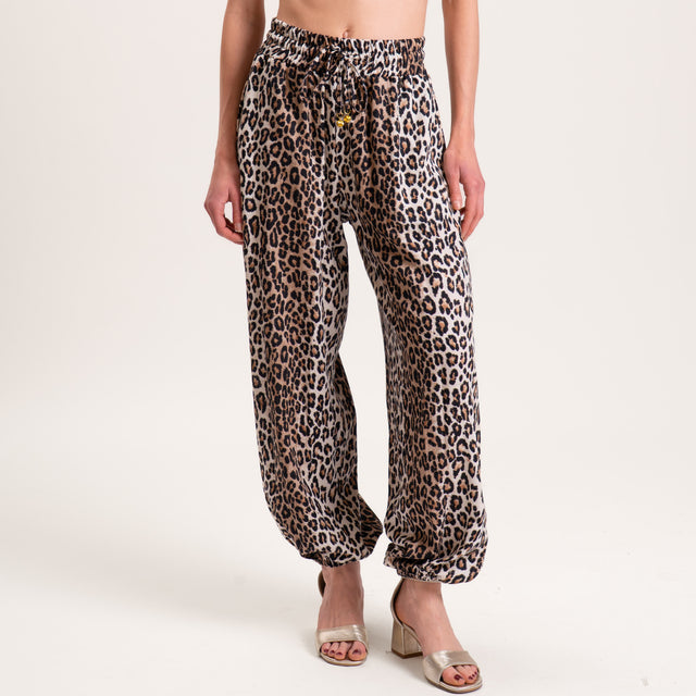 Dixie-Pantalone misto lino fantasia animalier - sand/nero