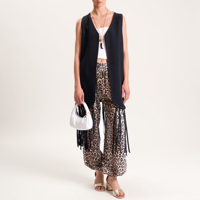 Tensione in-Gilet misto lino con frange - nero