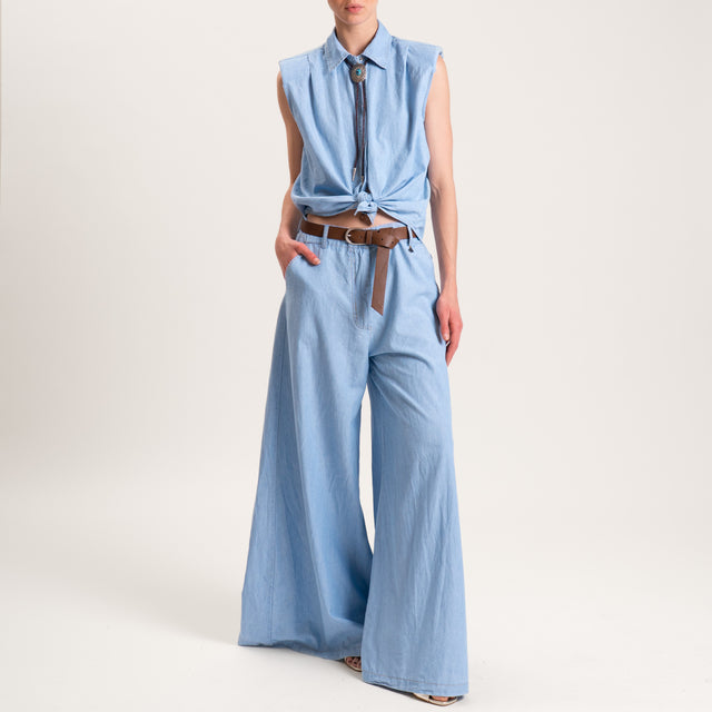 Dixie-Pantalone chambray wide leg elastico dietro - denim