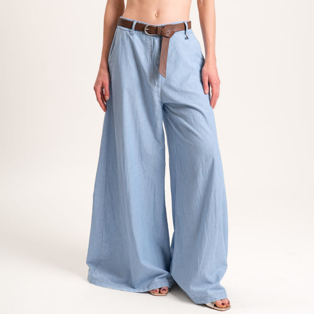 Dixie-Pantalone chambray wide leg elastico dietro - denim
