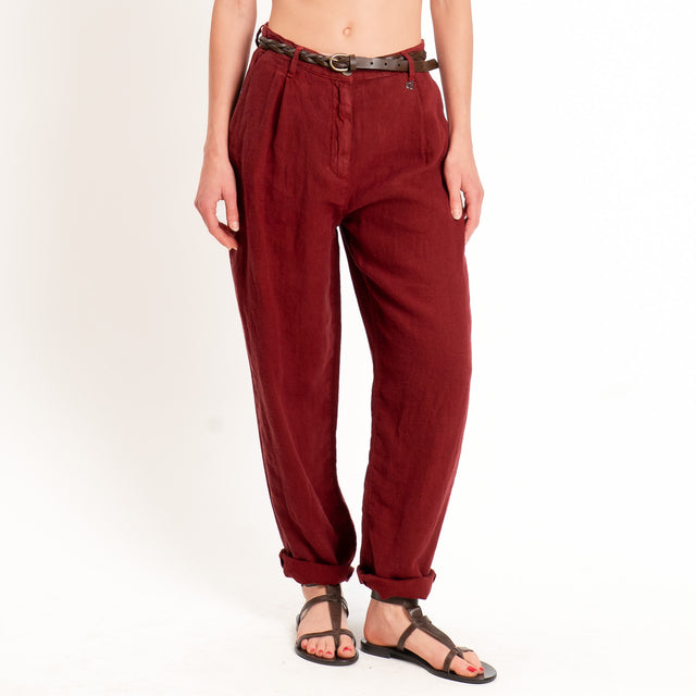 Dixie-Pantaloane 100% lino con cintura - Bordeaux