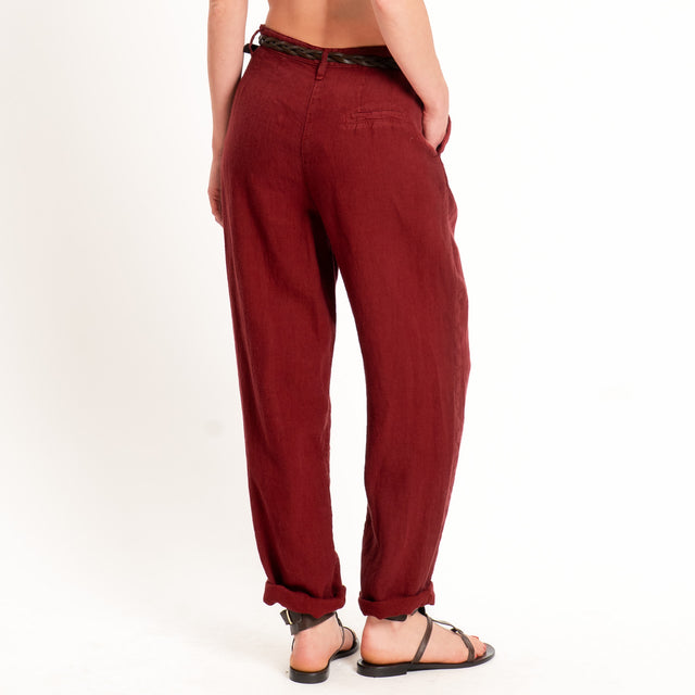 Dixie-Pantalone 100% lino con cintura - Bordeaux