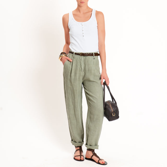 Dixie-Pantaloane 100% lino con cintura - salvia