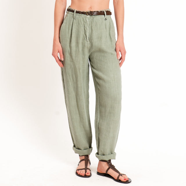 Dixie-Pantaloane 100% lino con cintura - salvia