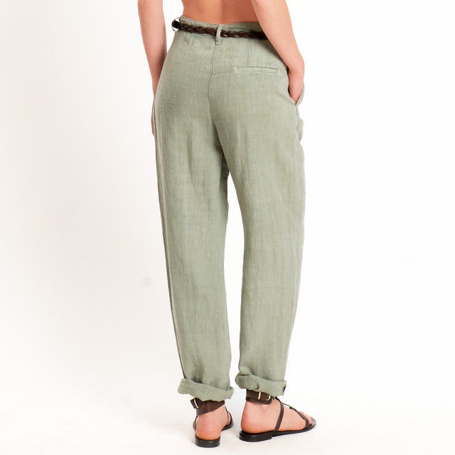 Dixie-Pantalone 100% lino con cintura - salvia