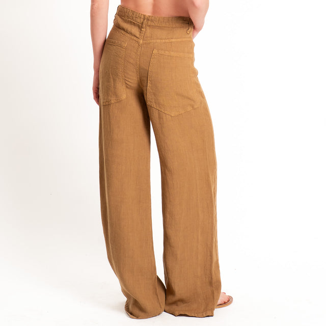 Dixie-Pantalone wide leg 100% LINO - cuoio