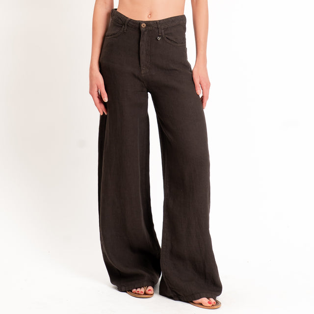 Dixie-Pantalone wide leg 100% LINO - cioccolato