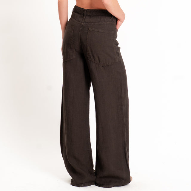 Dixie-Pantalone wide leg 100% LINO - cioccolato