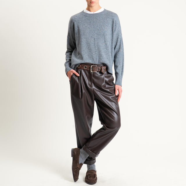 Dixie-Pantalone similpelle elastico dietro con pinces e risvolto - moro