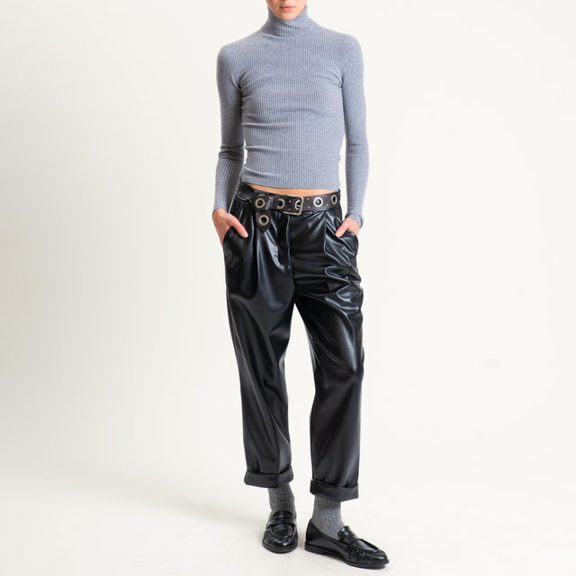 Dixie-Pantalone similpelle elastico dietro con pinces e risvolto - nero