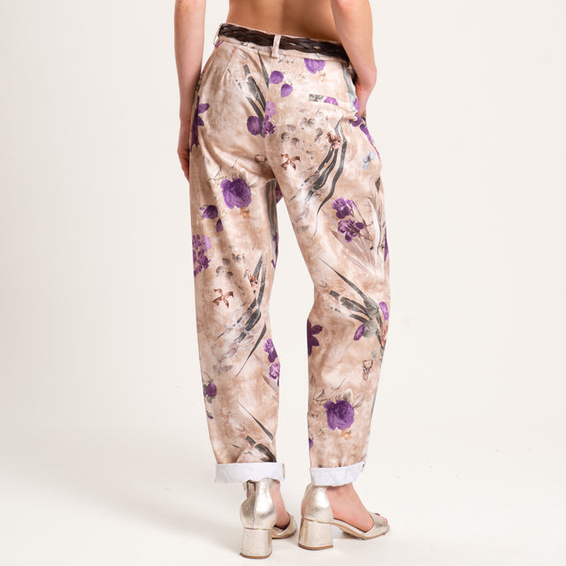 Dixie-Pantalone fantasia floreale cotone elasticizzato - beige/viola/salvia