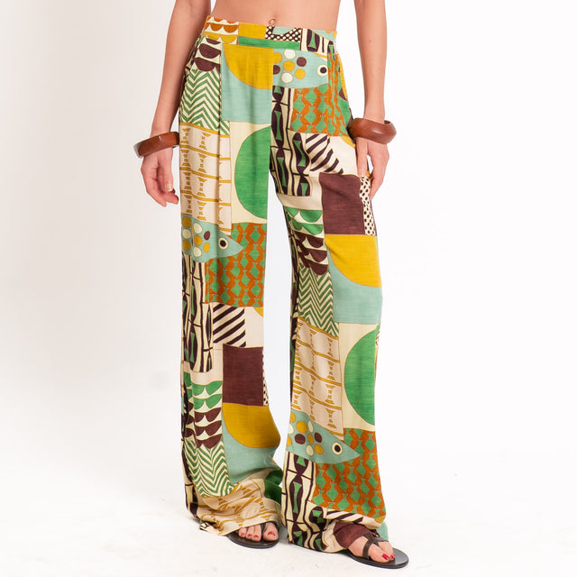Dixie-Pantalone fantasia etnica elastico dietro - olio/senape/verde
