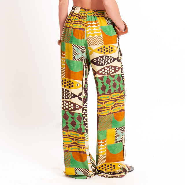 Dixie-Pantalone fantasia etnica elastico dietro - olio/senape/verde