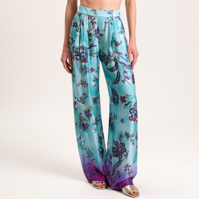 Dixie-Pantalone satin fantasia floreale - turchese/malva