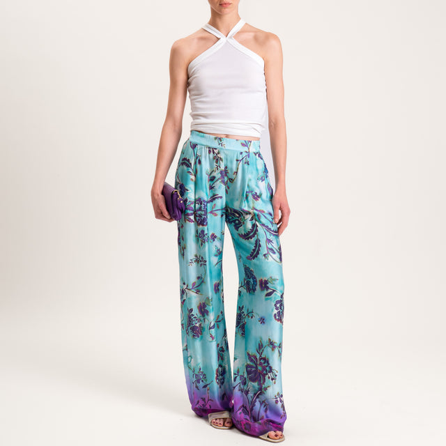 Dixie-Pantalone satin fantasia floreale - turchese/malva