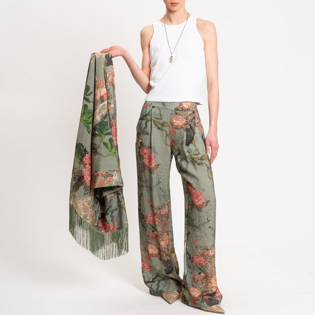 Dixie-Pantalone fantasia floreale - militare/olio/rosa