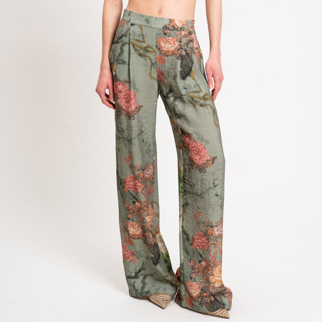Dixie-Pantalone fantasia floreale - militare/olio/rosa