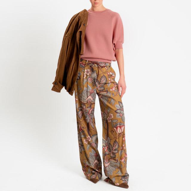 Dixie-Pantalone fantasia misto lino con pinces - olio/moro/india