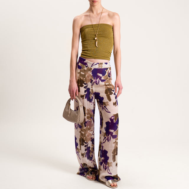 Dixie-Pantalone georgette fantasia elastico dietro - beige/viola/militare