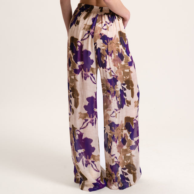 Dixie-Pantalone georgette fantasia elastico dietro - beige/viola/militare