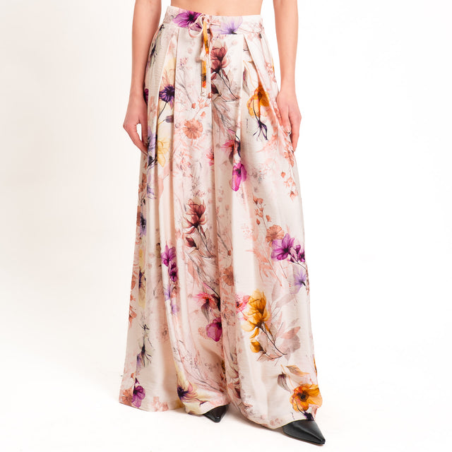 Dixie-Pantalone wide leg fantasia floreale - cipria/fucsia/crema