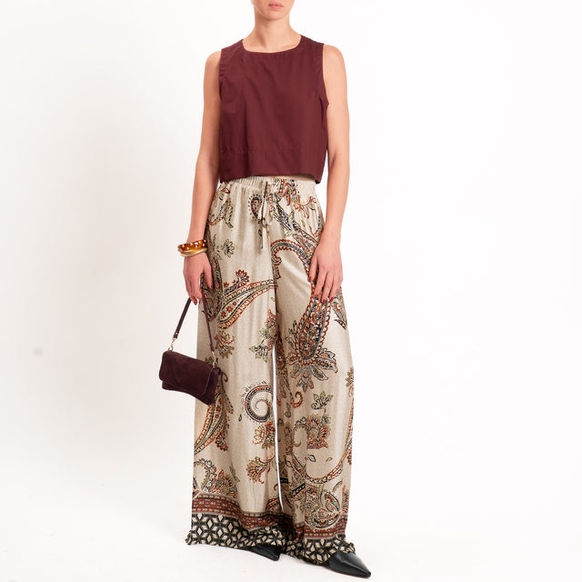 Dixie-Pantalone wide leg fantasia con coulisse - sand/nero/coccio