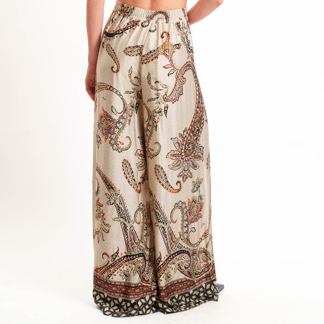 Dixie-Pantalone wide leg fantasia con coulisse - sand/nero/coccio