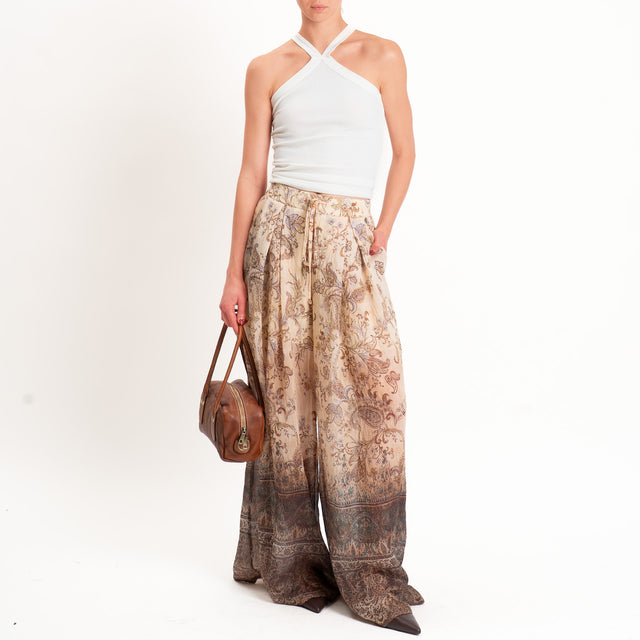 Dixie-Pantalone mussola fantasia elastico dietro - burro/choco/lilla