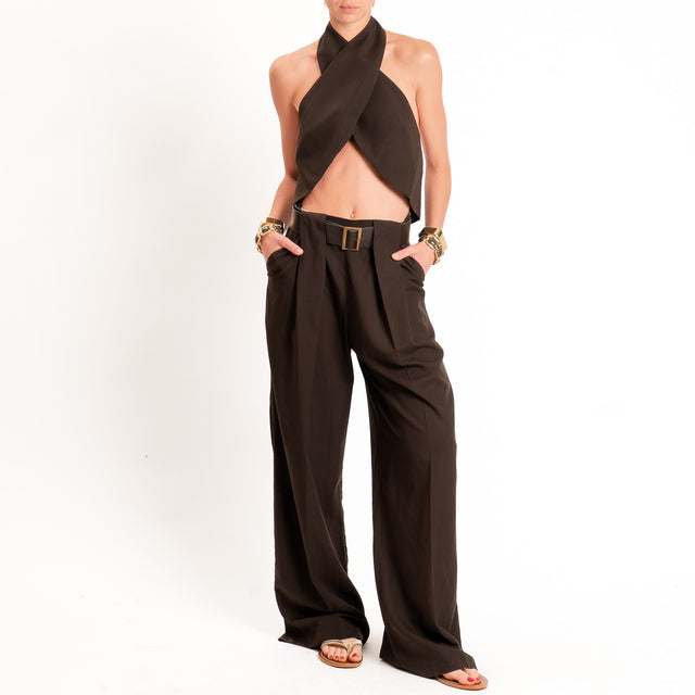 Dixie-Completo top incrociato+pantalone misto lino - moro